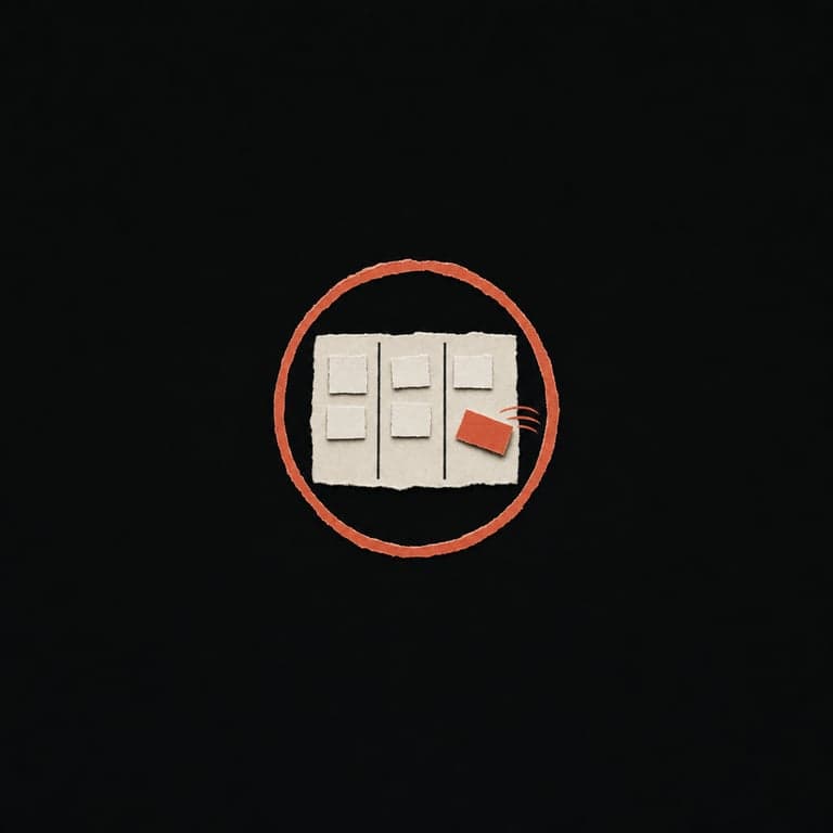 Emblema de colagem: quadro kanban de papel marfim com um cartão coral deslizando pra última coluna, dentro de um anel coral