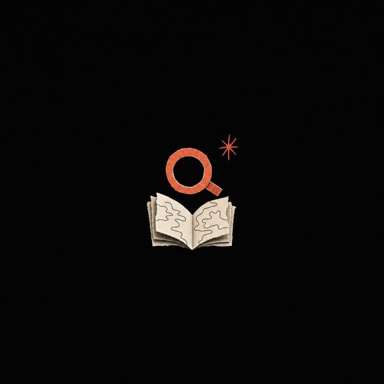Emblema de colagem: livro aberto de papel marfim com uma lupa de aro coral pairando sobre as páginas — a literatura mapeada