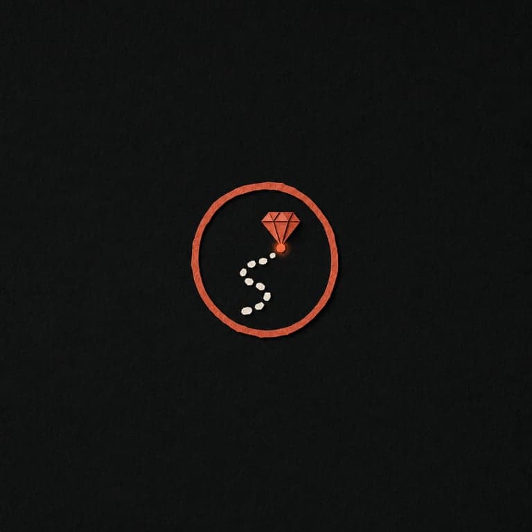 Emblema de colagem: caminho pontilhado de papel marfim chegando num diamante coral, dentro de um anel coral — o roadmap que chega lá