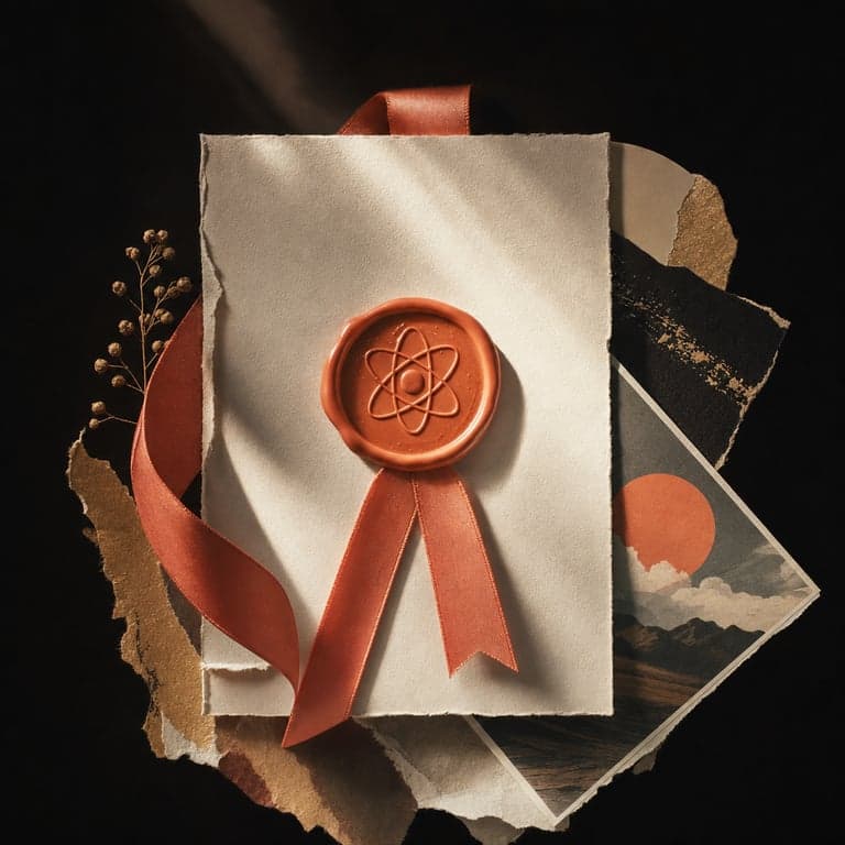Colagem: selo de cera coral com o glifo do átomo, fita coral, sobre uma pilha de trabalho real em papel marfim — a credencial que você ganhou fazendo