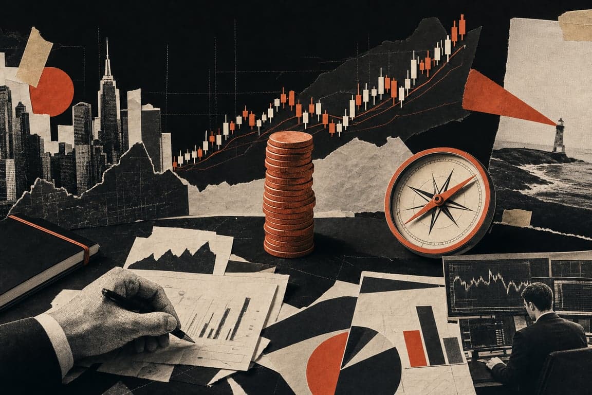 A Mesa em colagem premium, ar de banco de investimento: gráfico de velas de papel subindo, uma torre de moedas corais, bússola marfim com aro coral apontando o caixa de longe e linhas de cotação ao fundo — sóbrio e aspiracional