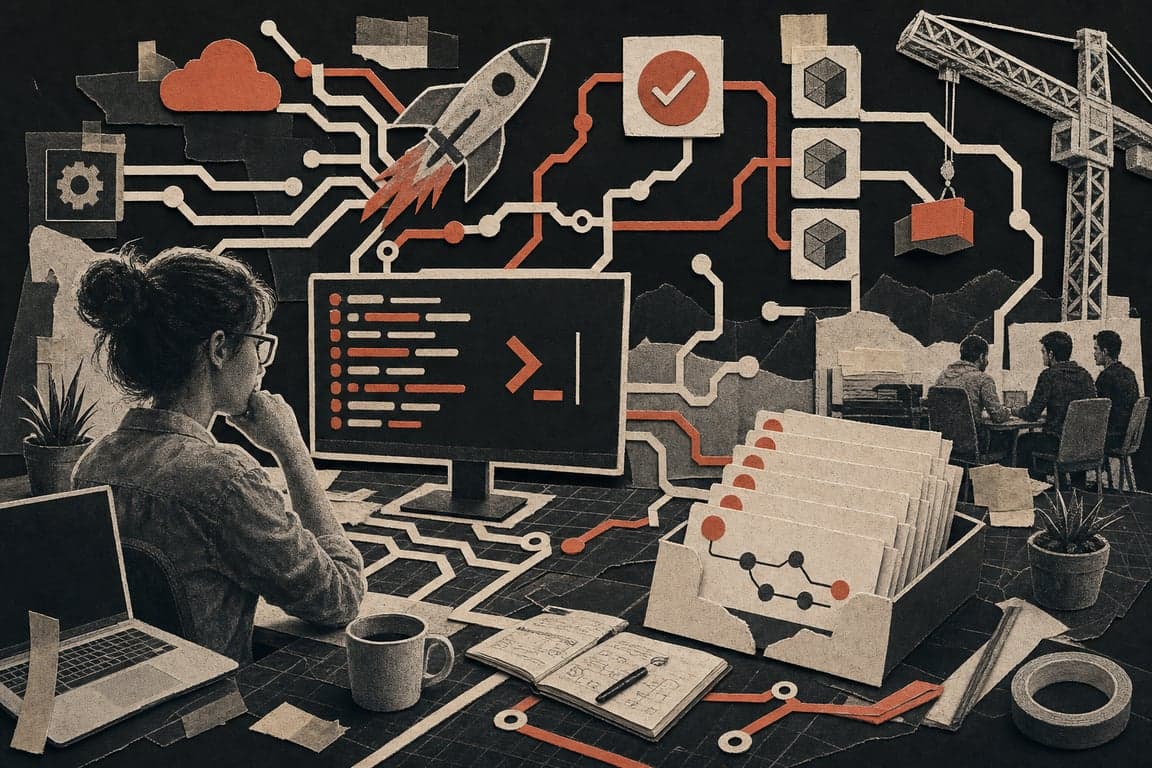 A Bancada de engenharia em colagem premium: trilhas de circuito de papel marfim com nós corais, um terminal com chevron coral e cursor piscando e cartões de commit empilhados — o ciclo de entrega sem atrito