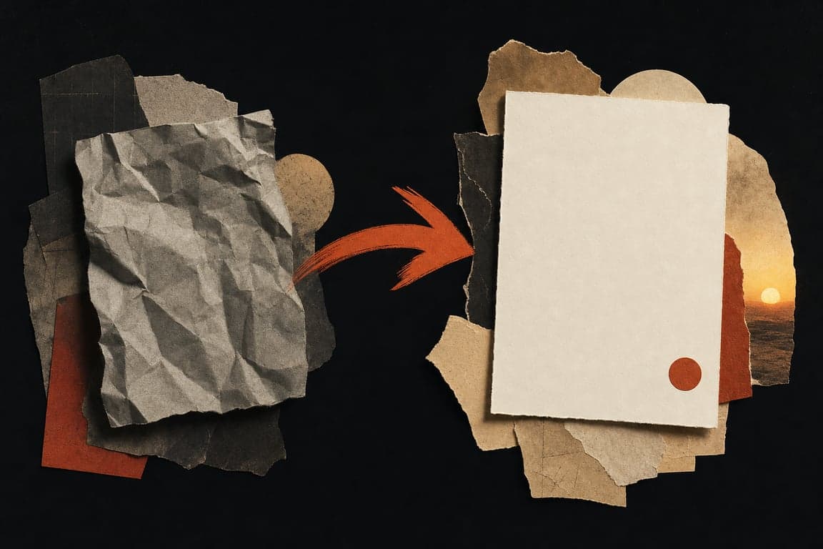Da esquerda: papel amassado e cinza, o pedido vago pra IA; uma seta coral; à direita, um documento limpo e pronto — a entrega.